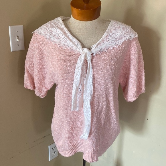 VTG Ashley Stuart linen blend lace bow sailor collar short sleeve pink sweater L - Picture 1 of 6